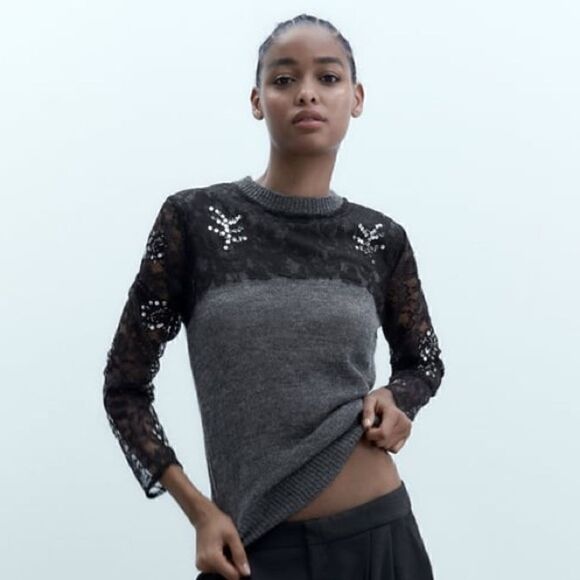 ZARA KNIT SWEATER WITH LACE AND SEQUINS - Picture 2 of 6